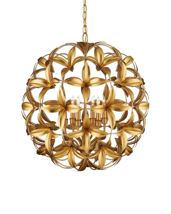 A whimsical orb chandelier featuring hand-cut and stamped floral motifs in contemporary gold finishes. Each blossom is individually welded to the wrought iron frame, creating a luxurious statement piece perfect for nature lovers.