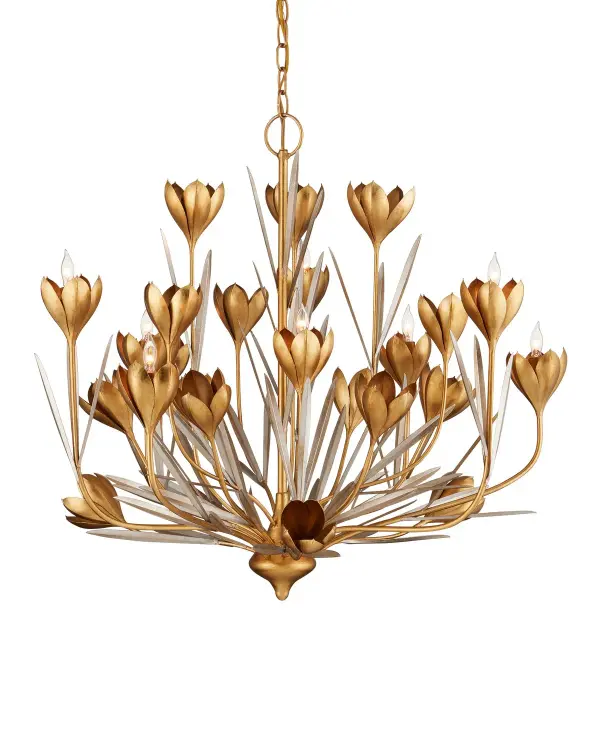 The Hortensia Chandelier brings organic beauty indoors with crocus-inspired blooms that open toward the ceiling. Mixed metal finishes in gold and silver leaf create sophisticated contrast while the flowing wrought iron form adds sculptural interest.
