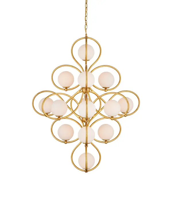 A show-stopping chandelier featuring swirling wrought iron curves in contemporary gold leaf with 14 milky glass globes. The looping, organic design creates a shape-shifting visual experience from different angles while providing substantial illumination.