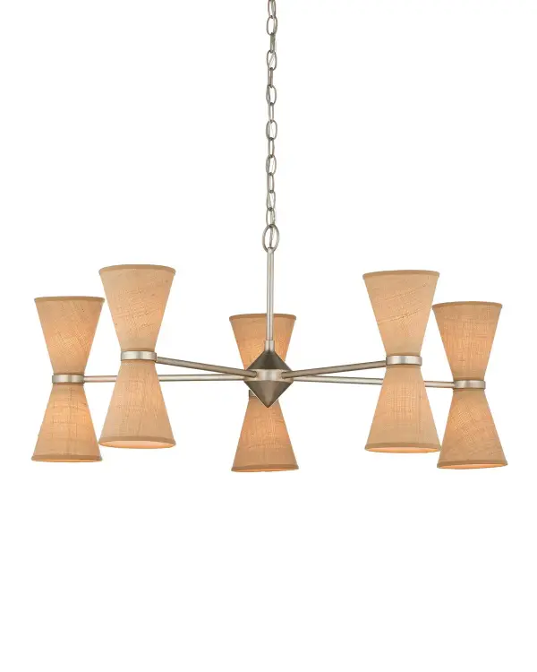 The Pennyworth combines sleek contemporary silver leaf metalwork with organic grasscloth shades for a sophisticated warm-cool interplay. Ten lights provide ample illumination while the natural material shades soften the overall aesthetic.