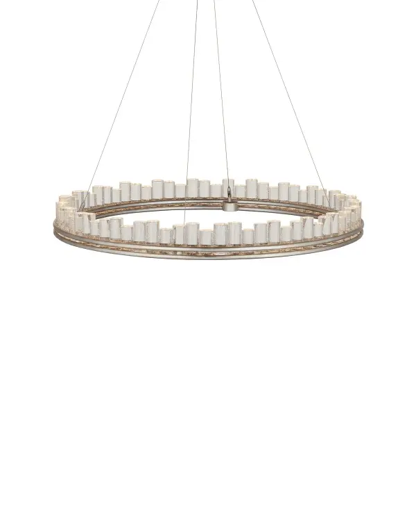 The Pleiades delivers show-stopping illumination through 100+ seeded crystal rods arranged in a 36-inch silver leaf ring. Integrated LED strip creates effervescent light play through bubbled crystal for maximum visual impact.