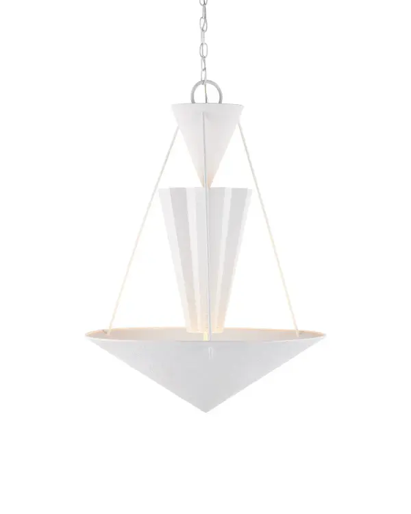 A striking modern chandelier featuring clean geometric lines and tiered up-lighting design. The fluted middle shade adds architectural interest while the stippled yeso blanco finish provides subtle texture. Integrated LED delivers warm, efficient illumination.