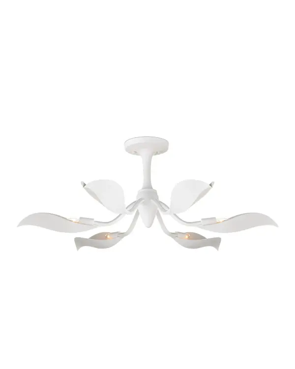 The Snowflower Semi-Flush Mount transforms wrought iron into delicate botanical art with its oversized floral petals in crisp gesso white. At 36 inches wide, it makes a bold statement while directing light upward for ambient illumination.