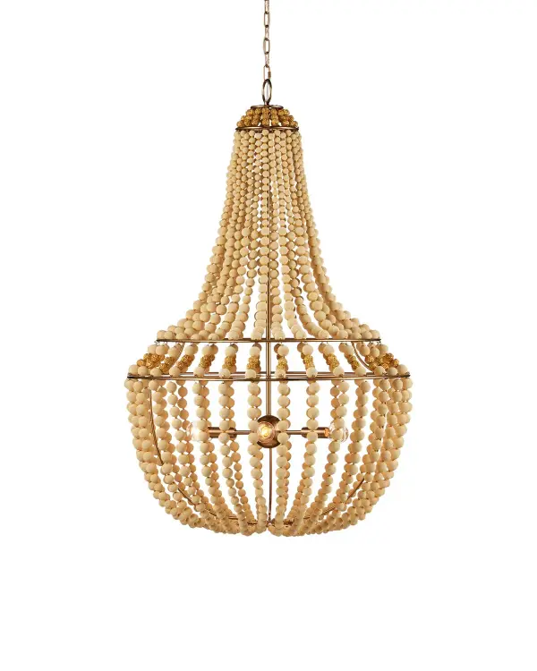 The Penelope chandelier combines traditional empire styling with an unexpected twist—silken fabric beads paired with golden metal accents. Its antique brass finish and 27-inch width make it versatile for dining rooms and entryways.