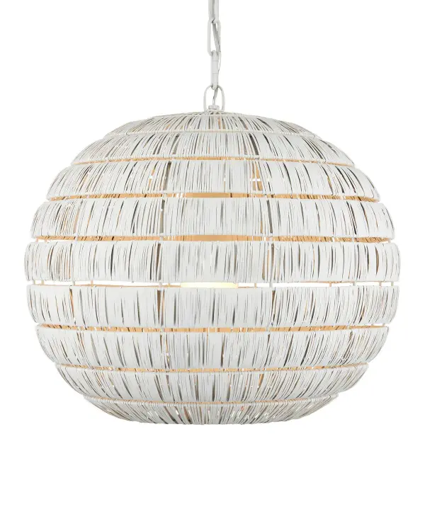 A striking 20-inch globe pendant featuring hand-wrapped metal strips that create dramatic light patterns. The artisanal construction and open-bottom design allow light to filter through textured tiers, casting beautiful shadows on surrounding surfaces.