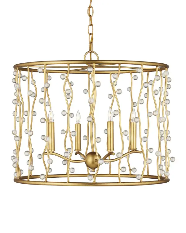 The Adagio chandelier combines contemporary gold leaf metalwork with cascading crystal beads on wavy wires, creating a sophisticated focal point. Its adjustable height and moderate size make it versatile for various spaces.