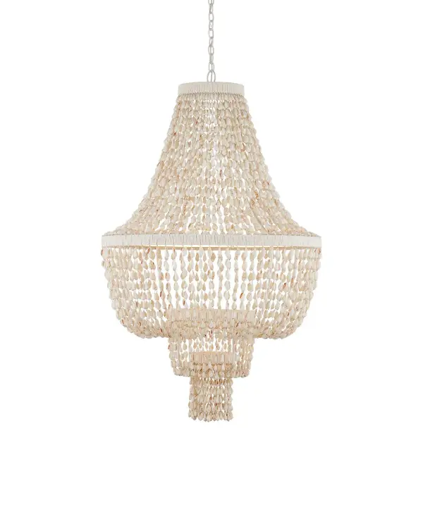 A stunning statement piece that elevates natural materials into high-end design. The draped shell construction creates a soft, luminous glow while the pearlized white finish and paper twine wrapping add refined texture.