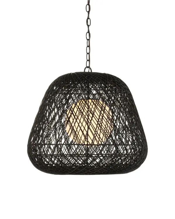 The Osbert pendant is a striking statement piece featuring handwoven black Kraft paper twine wrapped around graduated metal rings, creating a cocoon-like form around a white glass globe. This labor-intensive artisan design offers dramatic visual impact.