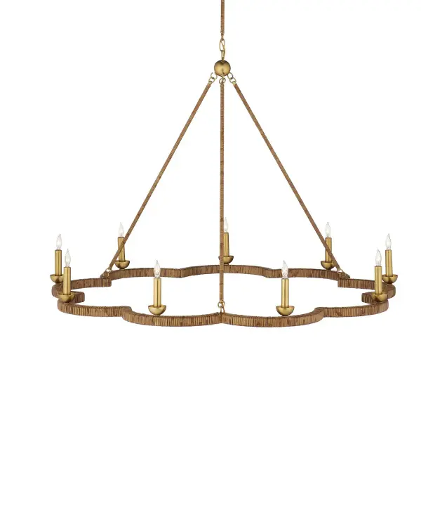 A stunning nine-light chandelier that brings French Riviera elegance to any space. The natural rattan wrapping paired with contemporary gold leaf creates a sophisticated coastal aesthetic that works beautifully in both traditional and modern interiors.