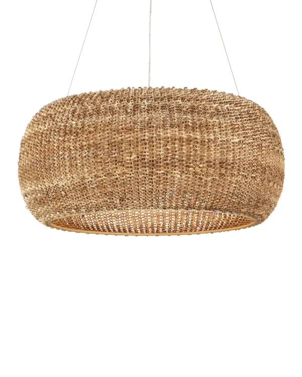 This handcrafted chandelier showcases intricate looped rattan weaving that creates stunning texture and visual interest. The natural material brings warmth and organic beauty while the generous 36-inch width makes a statement over dining tables and islands.