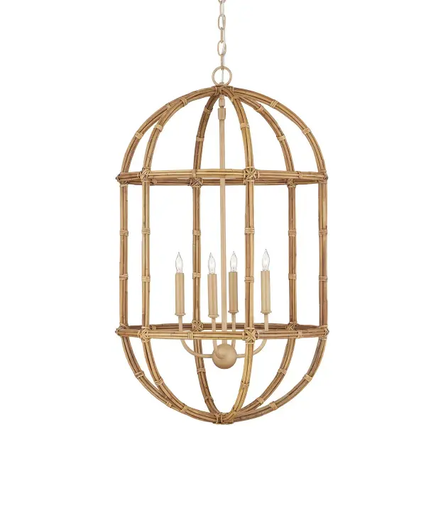 A stunning statement piece featuring meticulously hand-wrapped rattan reeds with artful knotting. The natural material pairs beautifully with saddle tan wrought iron hardware, creating warmth and texture perfect for coastal or organic modern spaces.