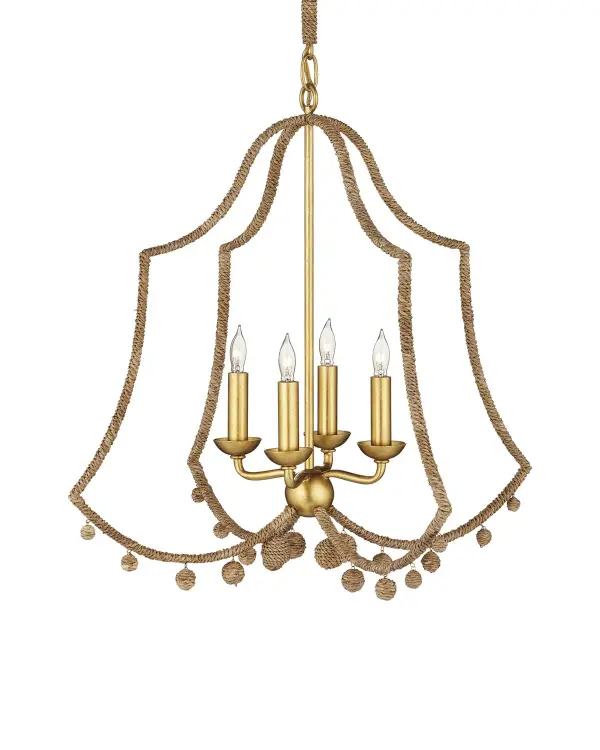 The Nimes Chandelier brings authentic French Riviera charm with its distinctive double-bell silhouette and ornamental rope-wrapped details. The wrought iron frame in contemporary gold leaf finish is artfully wrapped in natural Lampakanay rope, creating a sophisticated blend of coastal texture and refined metalwork. Decorative rope-wrapped globes dangle beneath scalloped edges, adding dimensional interest.