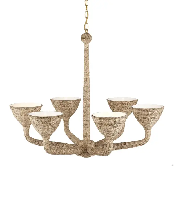 The Marbella chandelier masterfully blends natural abaca rope with refined metalwork, creating a statement piece that bridges traditional and modern aesthetics. Its generous 34-inch width and warm ambient uplight make it ideal for dining spaces.