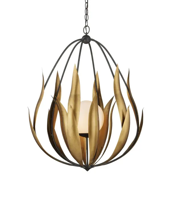 The Endymion Chandelier combines industrial aged steel with organic brass leaf details that flow upward around a central white glass globe. Its pear-shaped silhouette and mixed-metal finish create a striking focal point for entryways and dining spaces.
