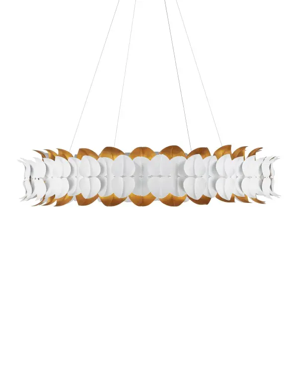 The Aventine combines artistic leaf motifs with practical integrated LED lighting. The dual-finish design—gesso white exterior with contemporary gold interior—creates visual depth while warming the light output. At 39 inches wide, it makes a statement without overwhelming.