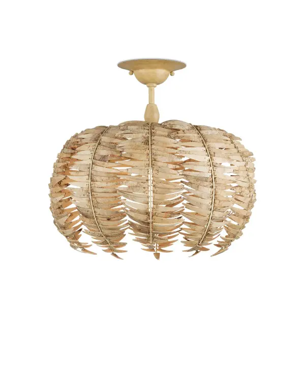 The Tiptur brings organic texture and coastal charm through meticulously handcrafted coconut shells. Each shell is cut, bleached, drilled, and pinned to wrought iron ribs, creating a sculptural orb that diffuses LED light beautifully.