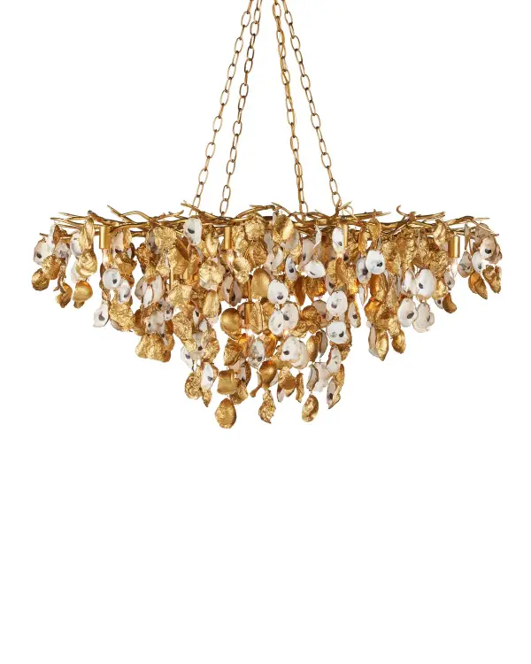 This extraordinary 14-light linear chandelier transforms natural oyster shells into a sumptuous gold sculpture. The organic oval silhouette and contemporary gold leaf finish create dramatic visual impact perfect for upscale dining spaces.