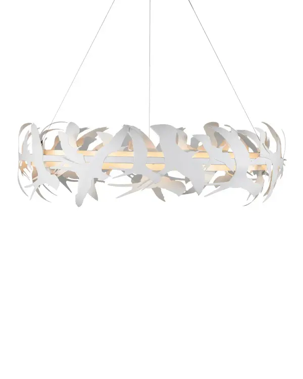 This striking 40-inch chandelier draws inspiration from the Fork-tailed Flycatcher, translating avian grace into modern lighting design. The Gesso White finish and wrought iron construction create a floating effect that brings organic sophistication to large spaces.