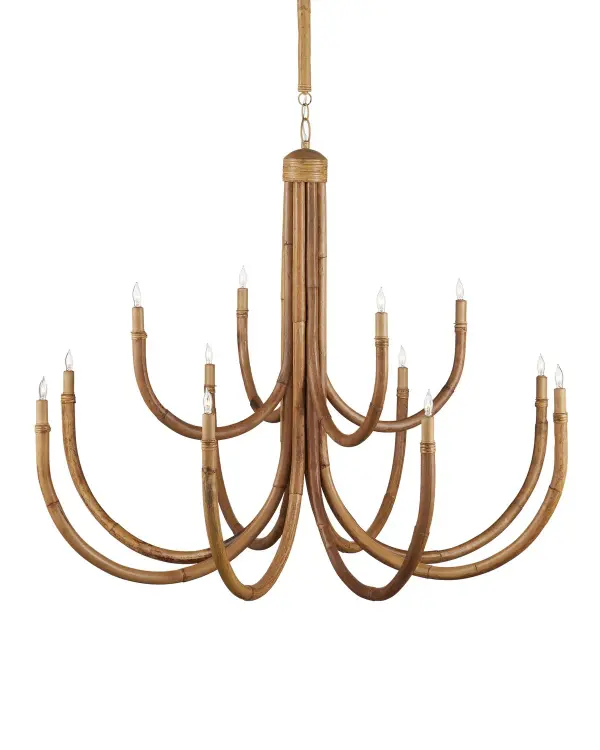 The Samsara brings dramatic scale and organic warmth with its 48-inch diameter hand-bent rattan construction. The natural material paired with saddle tan hardware creates a sophisticated coastal aesthetic that works beautifully in both residential and hospitality settings.