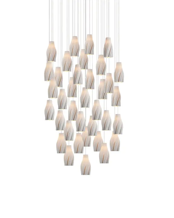 A show-stopping multi-drop pendant featuring 36 handcrafted white ceramic shades resembling elegant tassels. The sculptural design creates visual movement while silver cables keep focus on the artisanal shades. Perfect for grand spaces needing dramatic lighting.