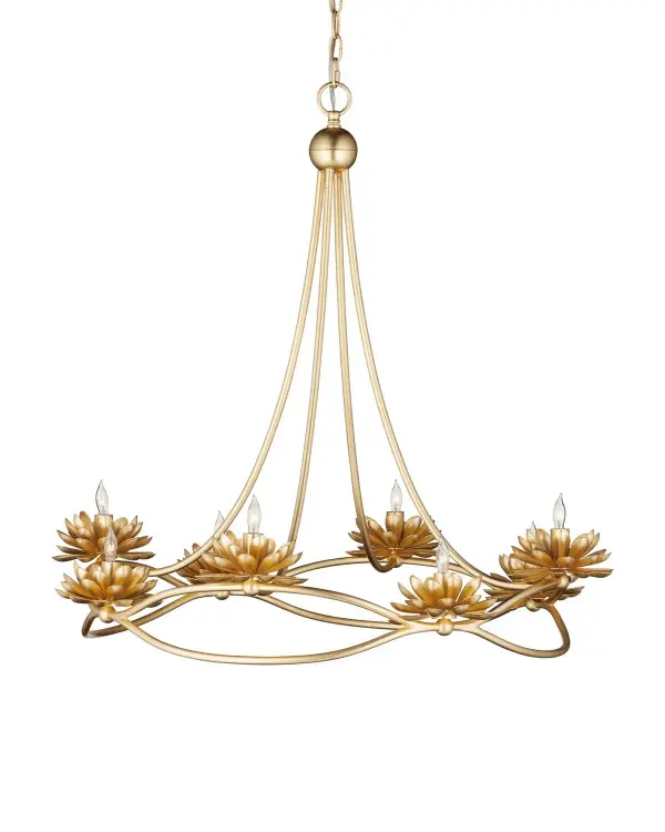 The Cyrene chandelier brings organic elegance with its lotus-inspired design and graceful curving arms. The bright gold leaf finish creates beautiful light reflection, while the sculptural floral elements add artistic dimension to any space.