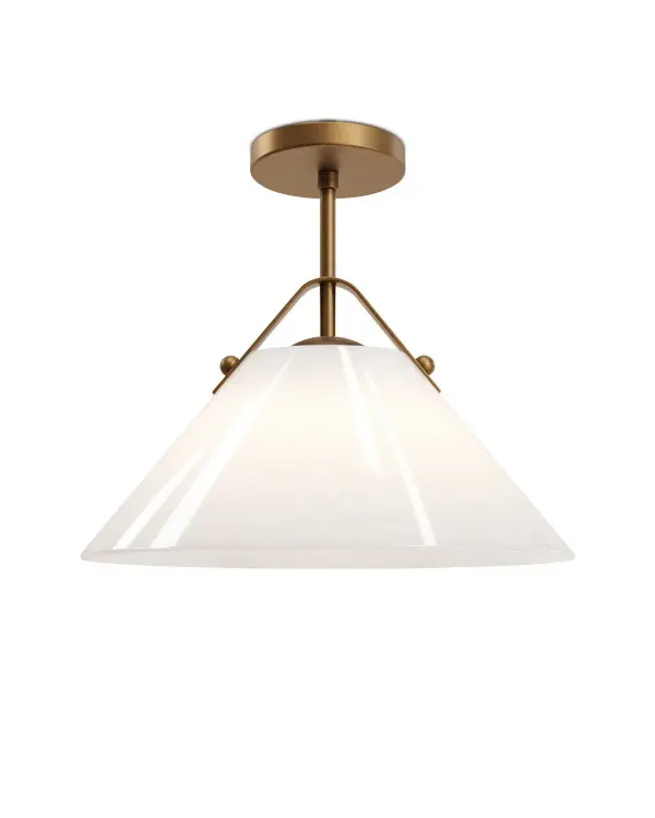 The Bronwen pendant combines refined hardware details with a glossy white glass shade for versatile style. Its antique brass strap and warm finish create sophisticated contrast while maintaining approachability across design aesthetics.