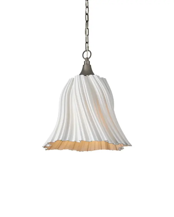 The Twirl Pendant showcases innovative 3D-printed porcelain technology to create a shade that appears to twist and flow like fabric in motion. The sculptural white form paired with antique brushed nickel accents delivers contemporary elegance with organic appeal.