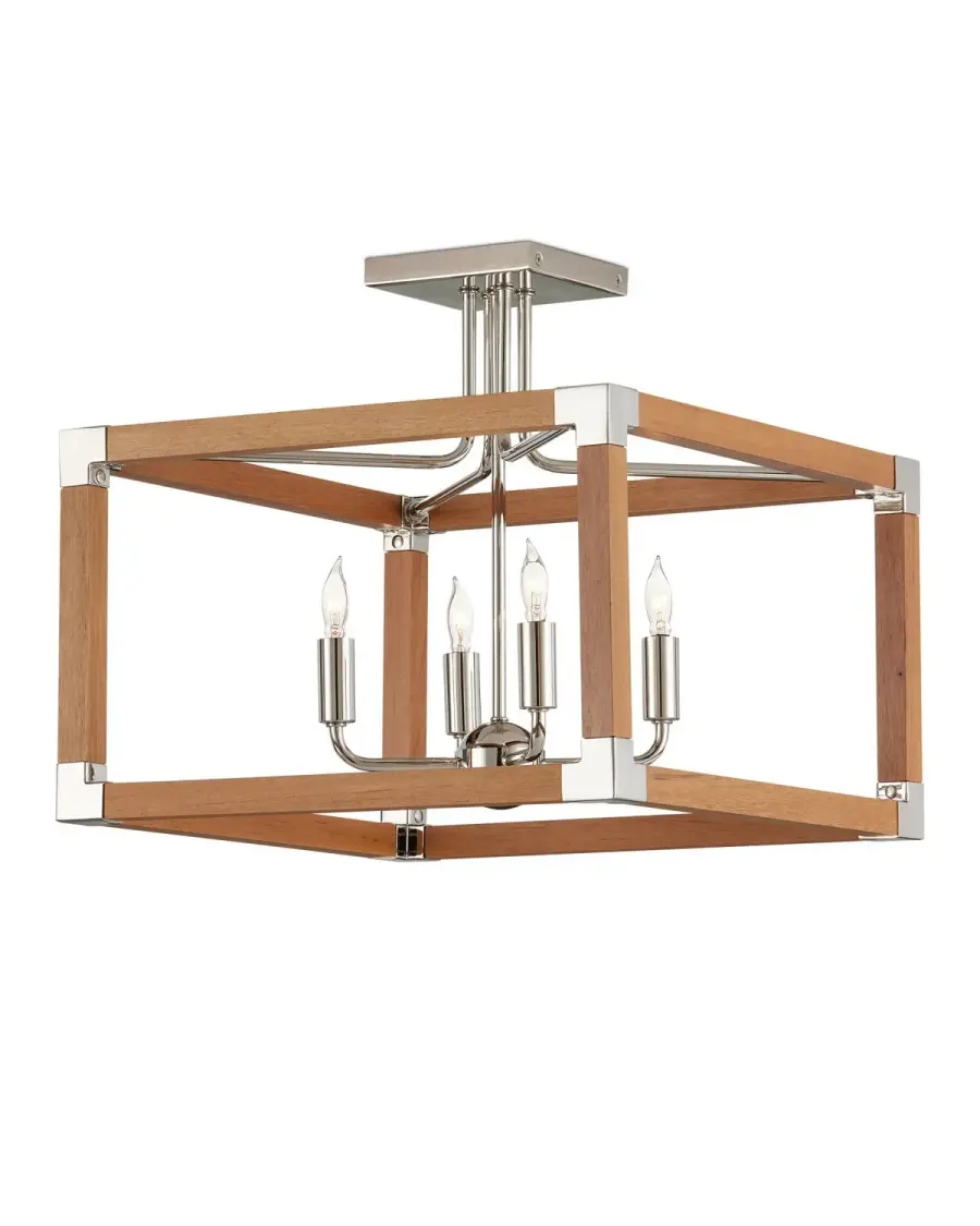 Boyd Four Light Semi-Flush Mount in Natural Teak and Polished Nickel