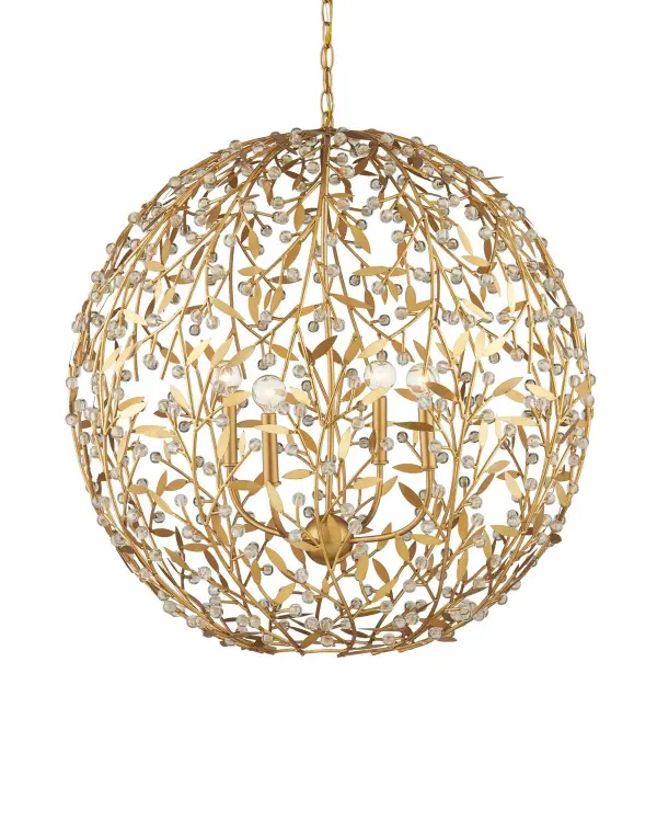 A stunning orb chandelier that brings nature-inspired design indoors with delicate wrought iron stems, scattered crystal beads, and hand-applied gold leaf finish. The 30-inch globe creates dramatic presence while maintaining organic sophistication.