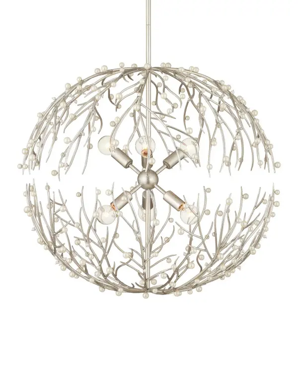 A stunning nature-inspired chandelier featuring hand-forged wrought iron branches adorned with fresh-water pearls. The flowing, sculptural design creates an ethereal floating effect while the pearls beautifully reflect light.