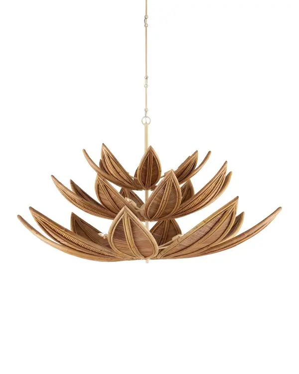 A stunning three-tier chandelier featuring hand-crafted rattan leaves that create dramatic organic texture and warm ambient glow. The oversized 56-inch width makes it a commanding focal point for grand spaces.