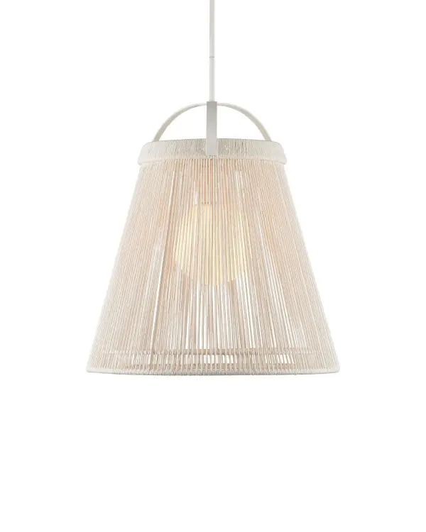 The Parnell pendant brings organic warmth through its hand-wrapped Kraft paper twine construction over a wrought iron frame. The bell shape and frosted glass diffuser create soft, ambient lighting perfect for casual dining spaces.