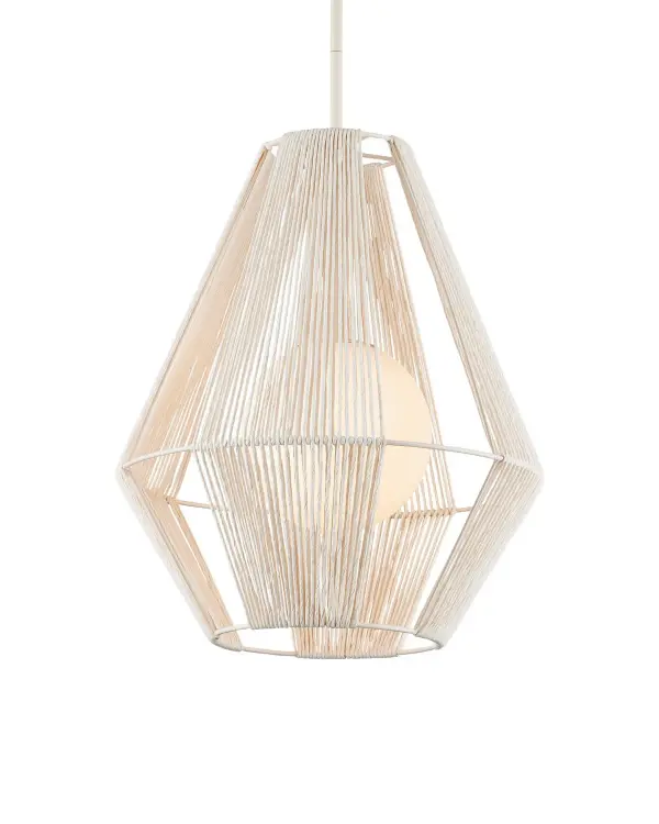 The Fraxel Pendant brings warmth and texture through its double-wrapped bleached Kraft paper twine construction. The 17-inch diameter globe creates soft, diffused light perfect for intimate spaces. Adjustable height and dimmable capability add versatility.