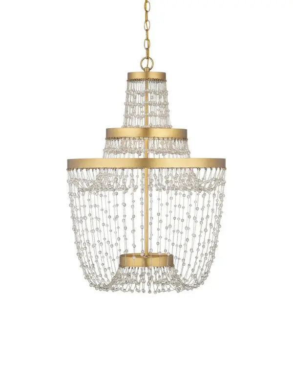 A stunning statement piece featuring flowing glass beads in a free-form arrangement suspended from contemporary gold leaf bands. Integrated LED strips provide ambient lighting while highlighting the shimmer of the beads.