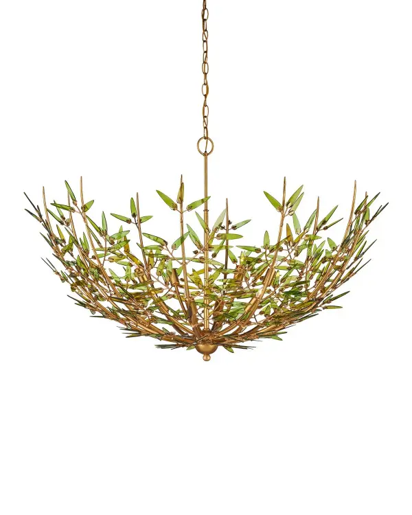 A stunning statement piece that merges sustainability with high-end design. The wind-swept glass leaves cut from recycled wine bottles create dynamic visual interest, while the contemporary gold finish adds warmth and sophistication.