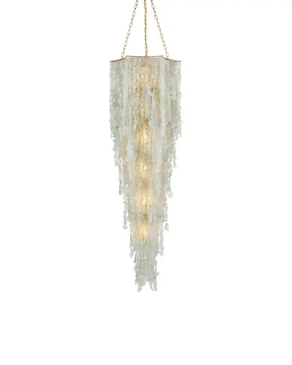This dramatic chandelier transforms recycled bottles into cascading seaglass art. Six layers of hand-cut, sand-blasted glass create mesmerizing light diffusion with an eco-conscious story. The substantial 76-inch height and contemporary gold finish make it a showstopping focal point for grand spaces.