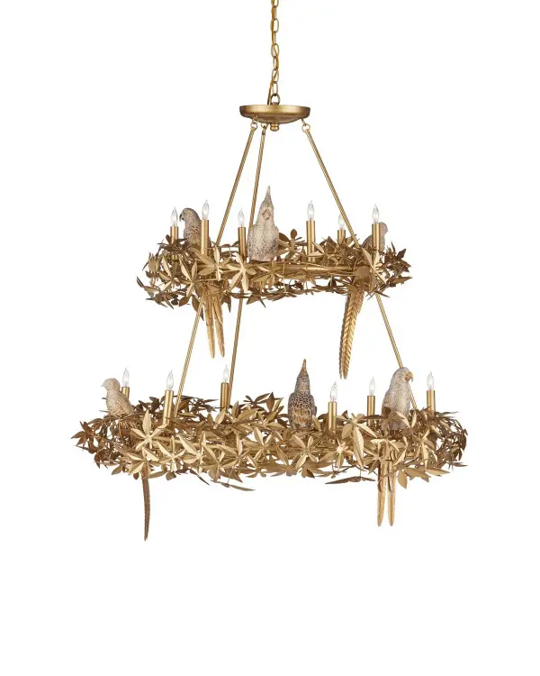 A breathtaking two-tier chandelier featuring hand-carved birds and flowing botanical motifs in Swedish Gold. The 43-inch width and intricate metalwork make it a museum-quality centerpiece for grand spaces.