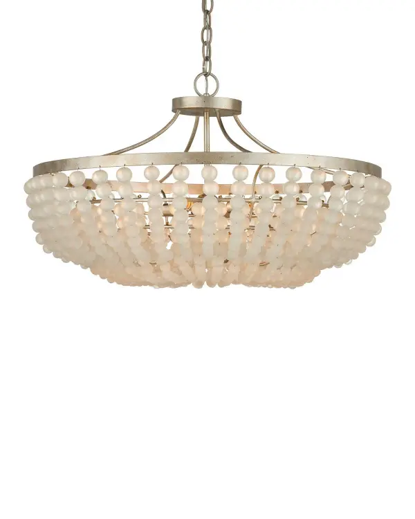 A sophisticated fixture featuring two tiers of graduated ivory glass beads that create a warm, diffused glow. The Silver Granello finish adds refined elegance, while dual installation options provide flexibility for various ceiling heights.