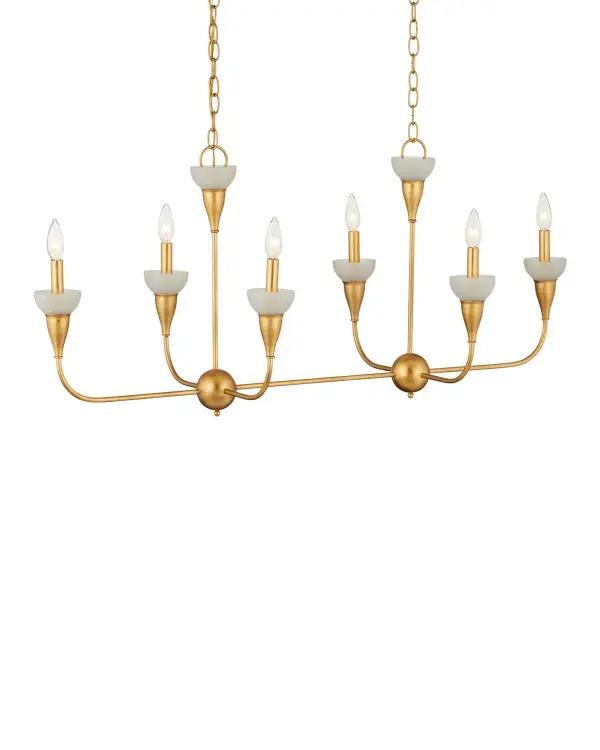 The Aurelia combines classic chandelier form with contemporary gold finish and unique recycled green glass bobeches. Its substantial 46-inch length makes it ideal for dining tables and kitchen islands, while the adjustable height accommodates various ceiling configurations.