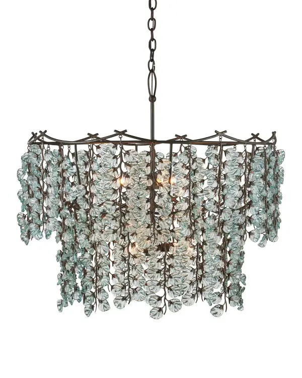 A stunning organic chandelier featuring hand-crafted recycled glass leaves in pale green that create a botanical sculpture. The bronze framework and adjustable height make it versatile for various ceiling heights.
