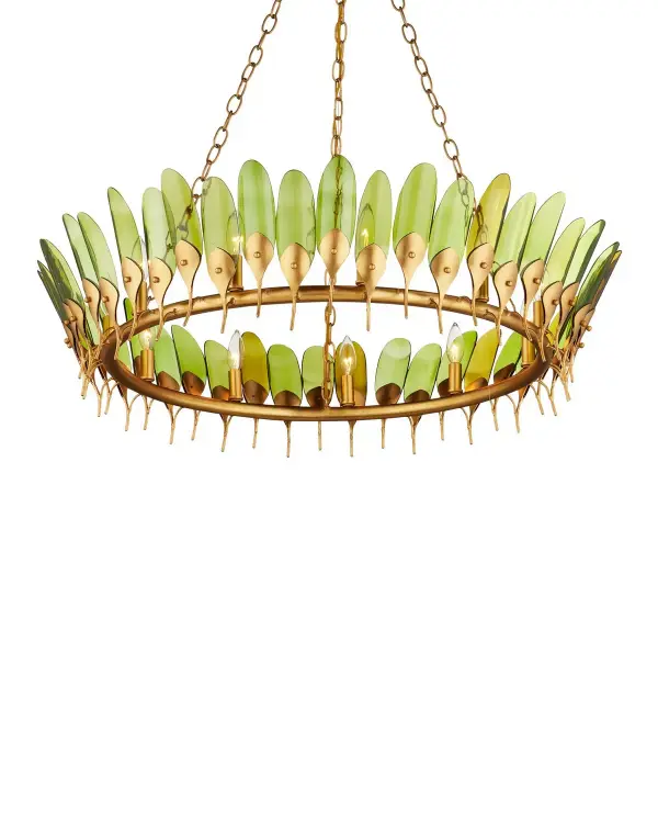The Selavy chandelier transforms recycled bottle glass into art with brilliant green feather-shaped pieces arranged on a circular gold frame. Its 38-inch width and 11-light configuration create dramatic impact while the sustainable materials appeal to eco-conscious buyers.