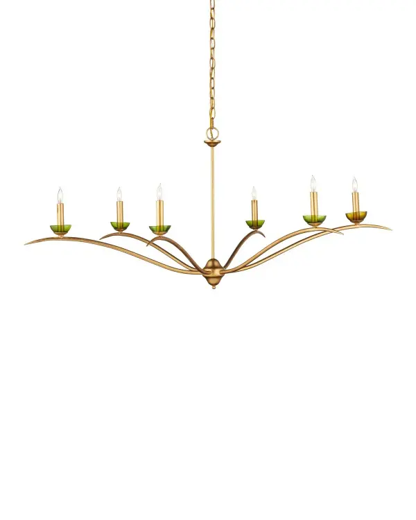 The Flannery brings contemporary elegance with its 48.5-inch flowing gold frame and distinctive bright green glass bobeches. The tapered design creates visual movement while the recycled glass accents add eco-conscious appeal and unexpected color.