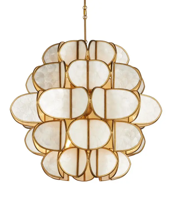 The Galatea chandelier combines organic Capiz shell panels with warm brass metalwork to create a sophisticated coastal-inspired statement piece. Its generous 30-inch diameter and nine lights provide ample illumination while the natural shell creates a soft, luminous glow.