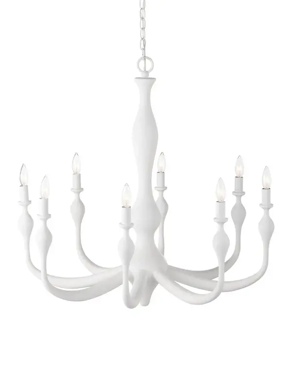 The Ludwig chandelier brings refined elegance with its gesso white finish over wrought iron shaped to mimic turned wood. Eight lights provide ample illumination while the neutral finish complements diverse interiors from traditional to modern.