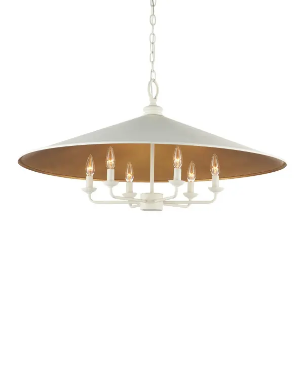 The Brussels chandelier combines contemporary elegance with Asian-inspired design. Its snow white fabric shade conceals a stunning gold leaf interior that creates warm, ambient glow. At 36 inches wide, it's perfectly scaled for medium to large spaces.