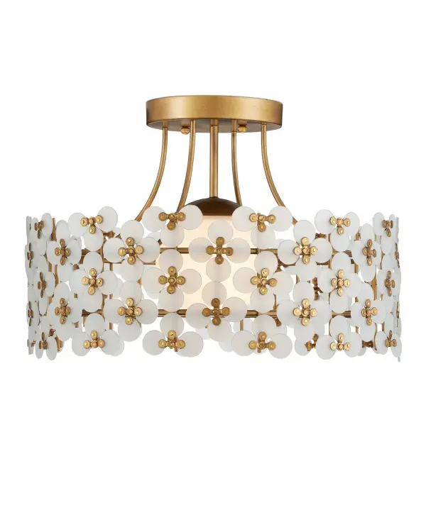 A charming semi-flush mount featuring handcrafted frosted glass flowers accented with decorative brass brads. The 16-inch diameter makes it ideal for smaller spaces where a touch of whimsy and elegance is desired.