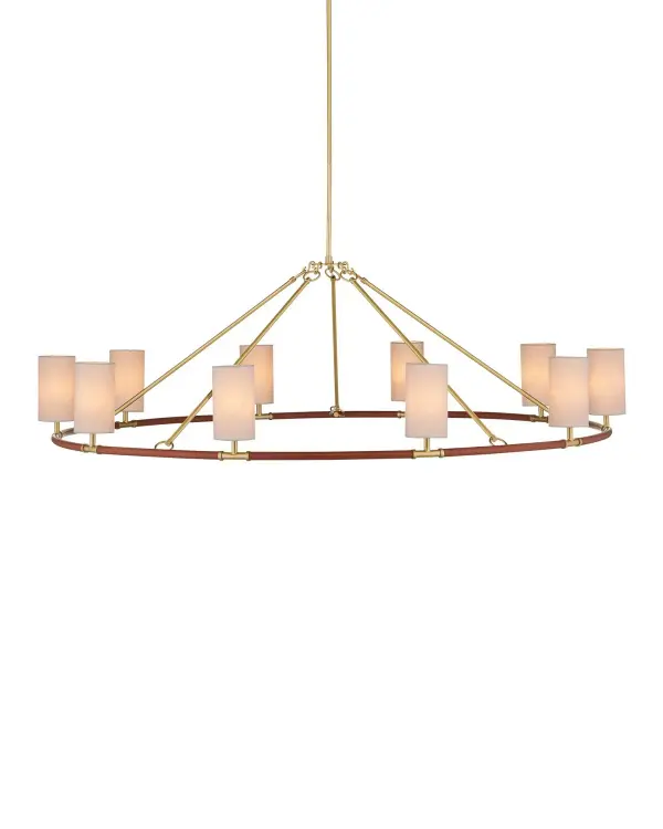 The Ellerston makes a bold statement with its 63-inch span and unique leather-wrapped ring design. Ten linen shades provide warm, diffused light perfect for large dining spaces. The saddle brown leather and brushed brass finish blend contemporary form with organic warmth.