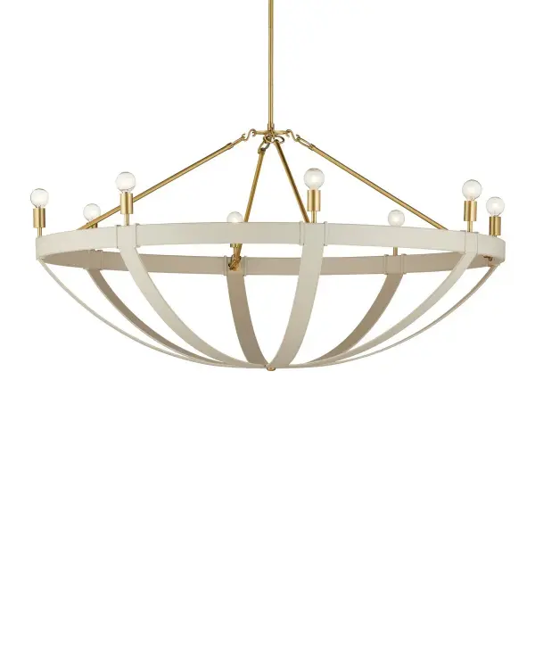 The Barrington brings refined elegance with its distinctive pebbled cream leather bowl and brushed brass accents. At 48 inches wide, this substantial eight-light chandelier commands attention while maintaining warmth through organic materials.