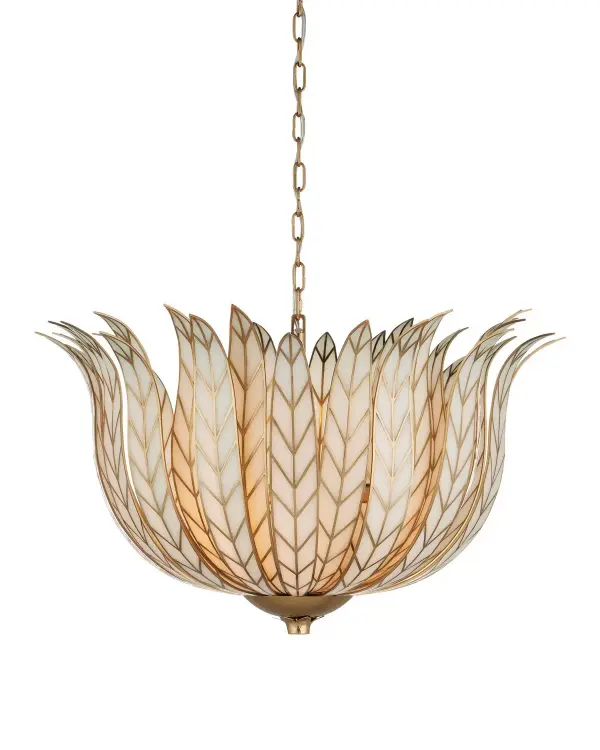 The Lamina chandelier features distinctive furled brass leaves that create dramatic visual interest. Its antique brass finish and organic form bridge traditional and contemporary aesthetics, making it versatile for various interiors.
