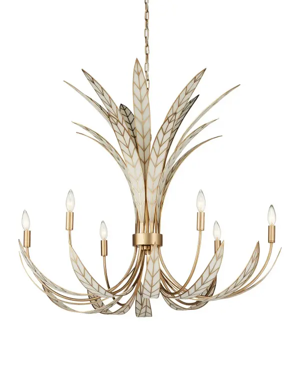 A stunning statement piece featuring hand-crafted furling leaves in antique brass and off-white. The 39-inch width and organic design create dramatic visual impact perfect for grand spaces seeking sophisticated natural elegance.